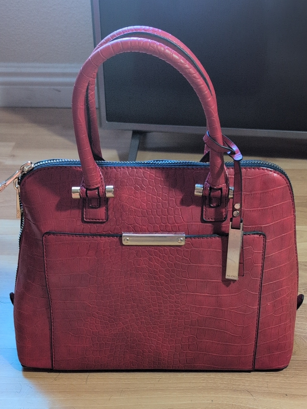 Structured Croc-Textured Satchel Bag in Deep Berry